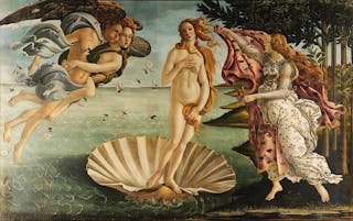 Depicts the goddess Venus, having emerged from the sea as a fully grown woman, arriving at the sea-shore. The seashell she stands on was a symbol in classical antiquity for a woman's vulva. Thought to be based in part on the Venus de' Medici, an ancient Greek marble sculpture of Aphrodite.