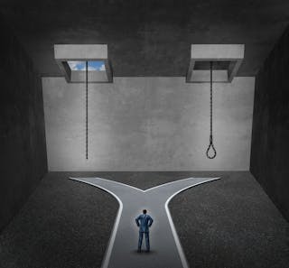 Suicide concept as a person facing a difficult psychological dilemma between a rope with a noose or a life line as a metaphor for a mental disorder suffering due to depression or chemical imbalance.