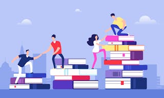 People climbing books. Business success, education level and staff and skill development vector concept. School study people, su