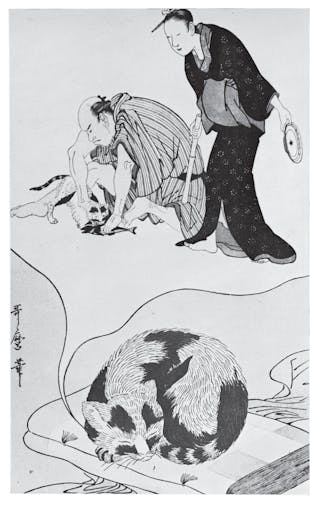 喜多川歌麿（Kitagawa Utamaro, 1753-1806）的作品《貓之夢》（The Cat’s Dream），木刻版畫。