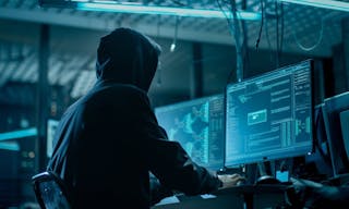 Shot from the Back to Hooded Hacker Breaking into Corporate Data Servers from His Underground Hideout. Place Has Dark Atmosphere