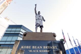 LOS ANGELES, CA- MARCH 11: Misspellings have been pointed out on Kobe Bryant's statue at Crypto.com Arena. The mistakes are Jose Calderon as Jose "Calderson;" Von Wafer as "Vom" Wafer and Coach's Decision as Coach's "Decicion." Photographed in Los Angeles, CA on Monday, March 11, 2024. (Myung J. Chun / Los Angeles Times)