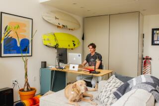 LOS ANGELES, CA - MARCH 26: Tenant Ben Larson and his dog Theo at home in Architect and homeowner Cameron McNall's ADU on Saturday, March 26, 2024 in Los Angeles, CA. Jason LeCras For The Times