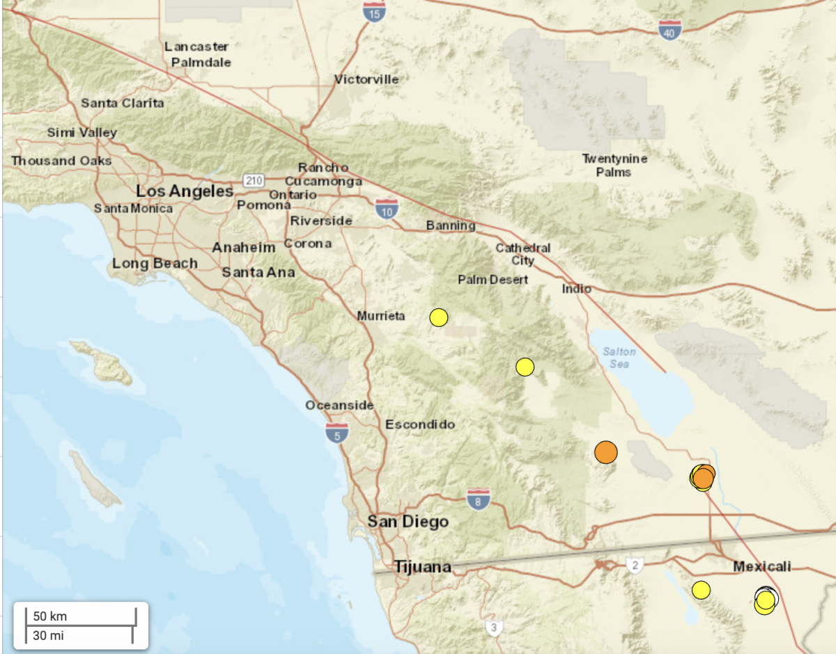 A map showing earthquakes above magnitude 2.5 that struck in the last week in Southern California