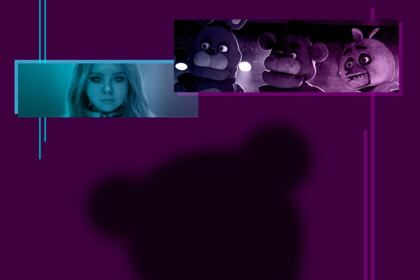 photo illustration of film stills of Megan and Five Nights at Freddie's, a shadow of a bear in the center.