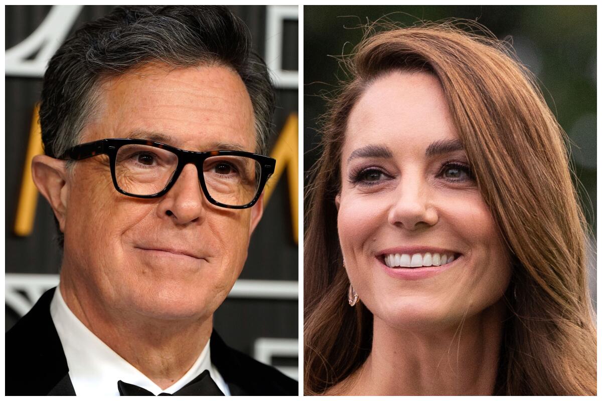 Side-by-side photos showing close-ups of Stephen Colbert and Kate Middleton