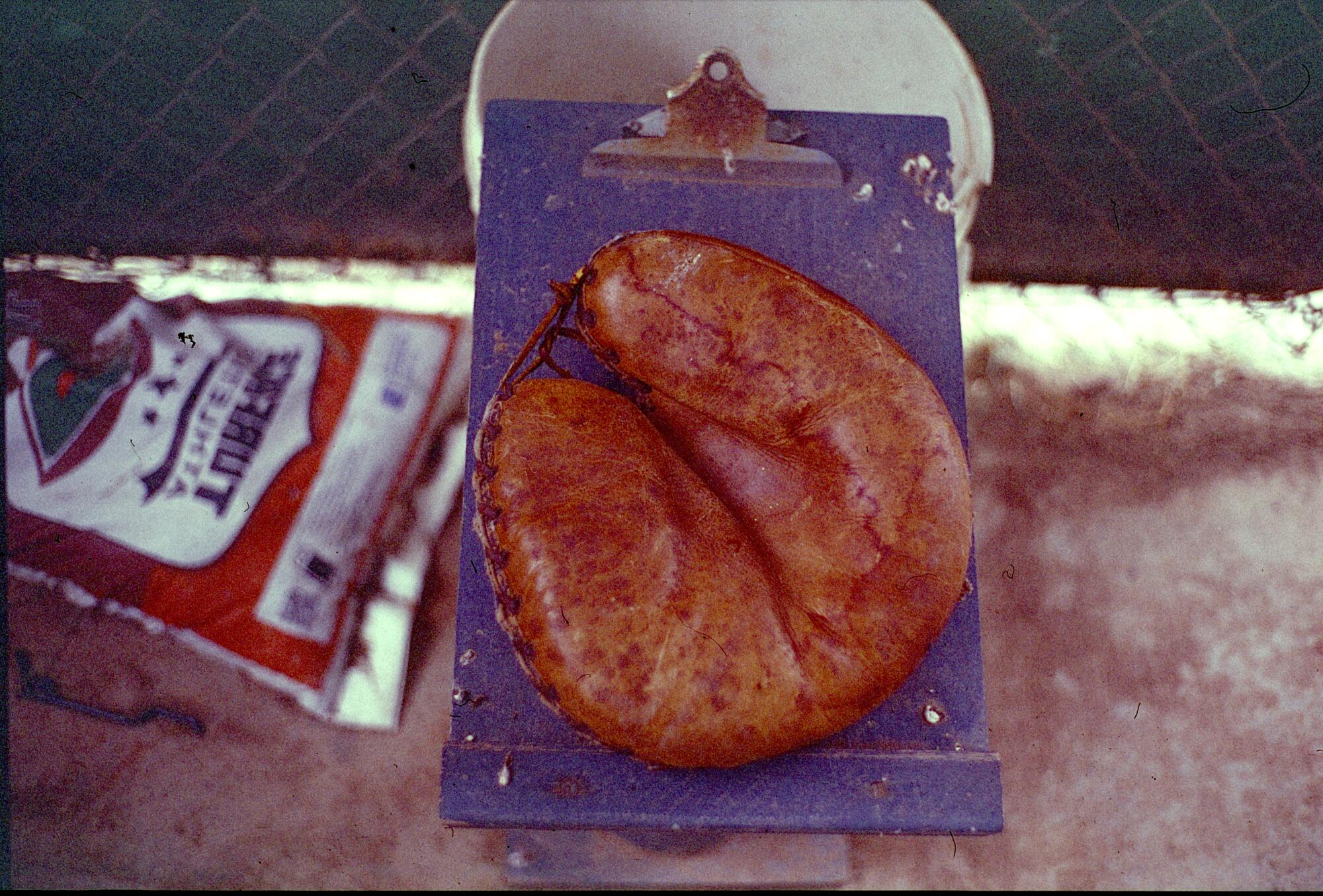 Closeup of a thickly padded baseball mitt on top of a clipboard.