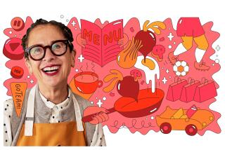 Woman with glasses surrounded by orange and red illustrations like a pan, fried egg, car and shopping bags.