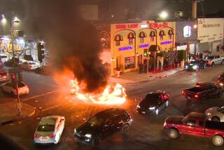 LOCATION: 18th & Main AREA/CITY: DTLA DETAILS: Two cars caught fire during a street takeover LAFD could not get to fire due to crowd of about 400 LAFD called for backup during the incident LAFD put water on the adjacent building to save it from catching fire LAPD in the area