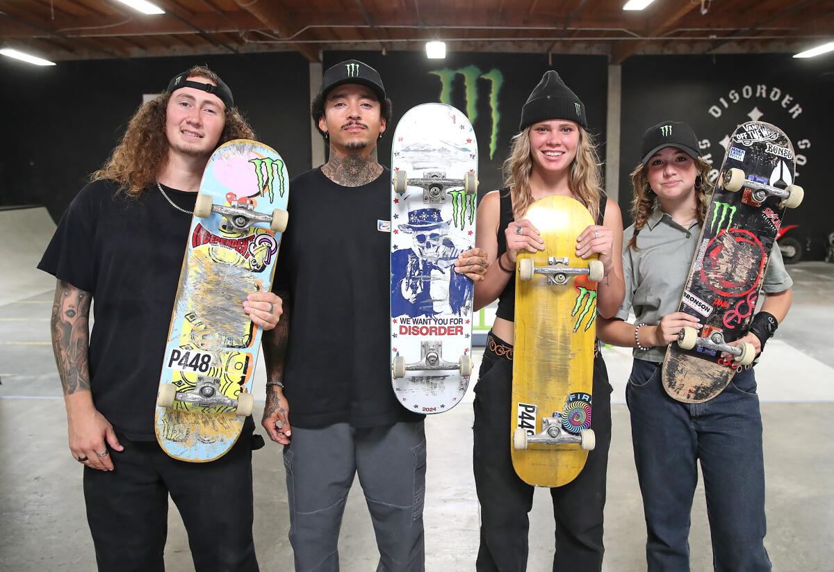 Pro skateboarders Liam Pace, Nyjah Huston, Grace Marhofer and Ruby Lilly, from left.