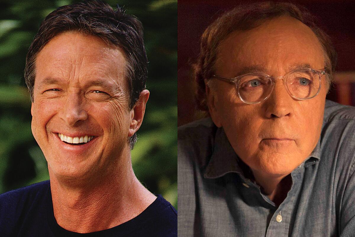 A split image of Michael Crichton smiling and James Patterson looking to the side.