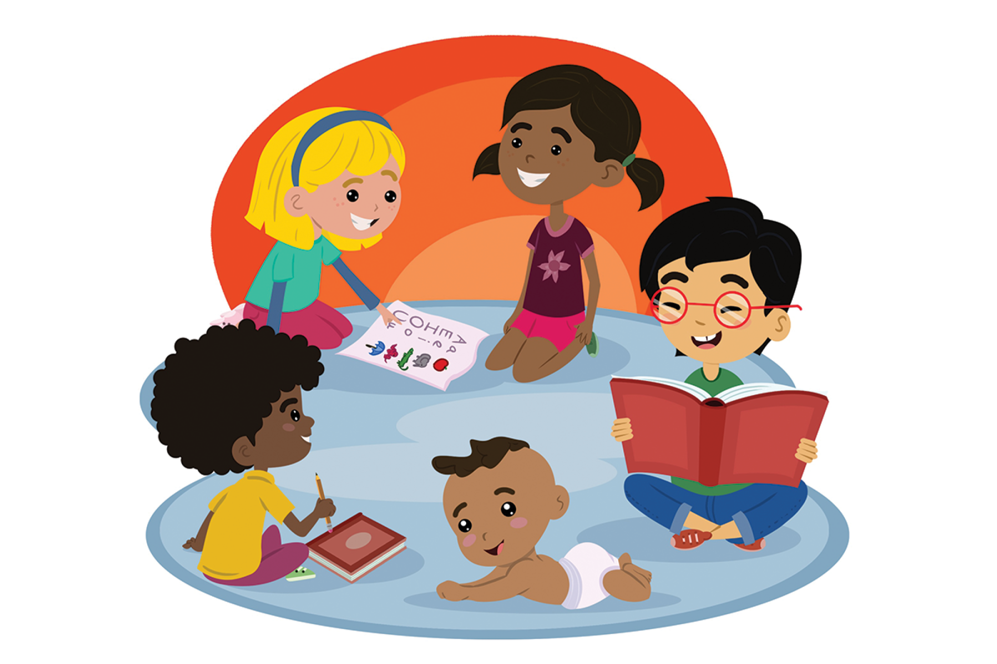 An illustration of babies and toddlers sitting on a rug and playing with books.