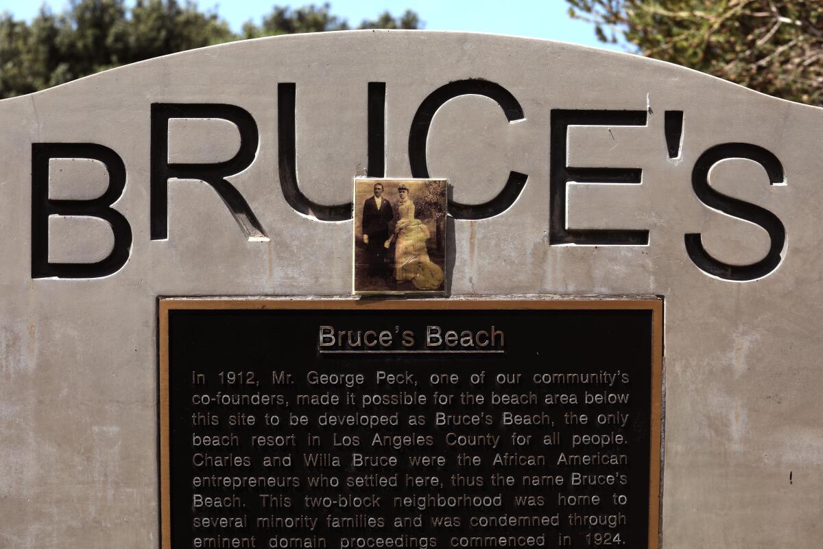 A marker gives the history of Bruce's Beach in Manhattan Beach.