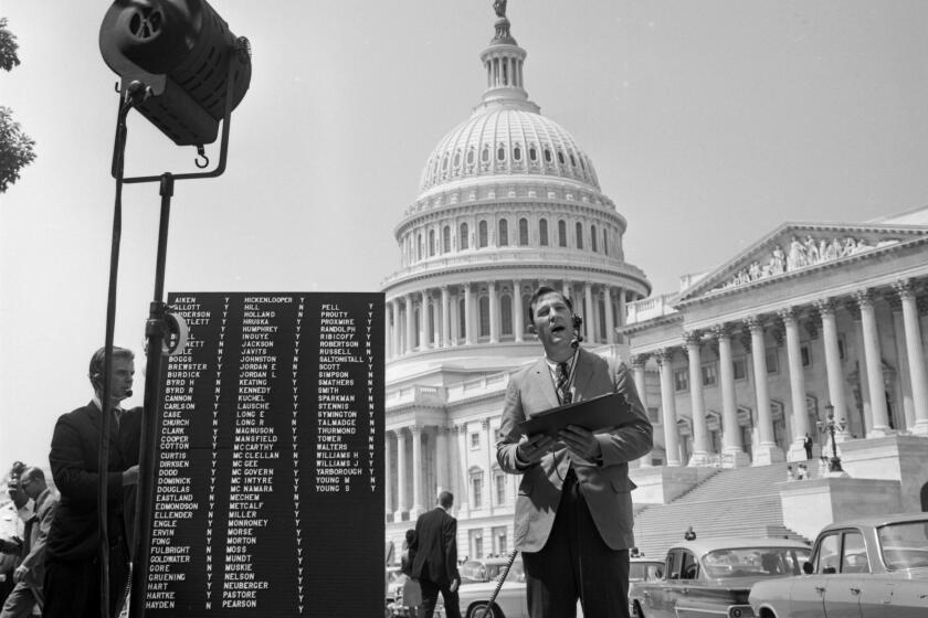 Roger Mudd at the U.S. Capitol, Washington, DC. Mudd reporting the results of the Civil Rights Act of 1964.