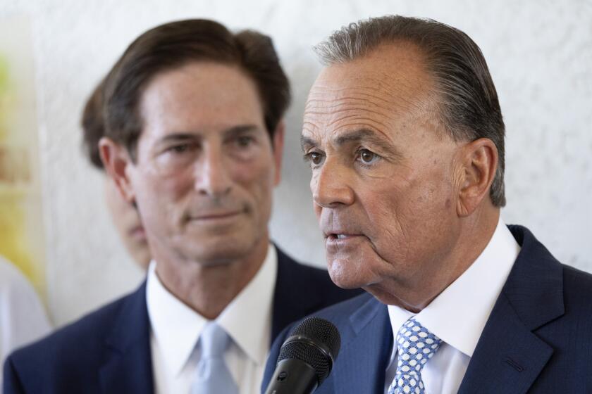 SHERMAN OAKS, CA - JUNE 25: Rick Caruso, right, endorsed Nathan Hochman for District Attorney during a press conference at Casa Vega in Sherman Oaks, CA on Tuesday, June 25, 2024. (Myung J. Chun / Los Angeles Times)