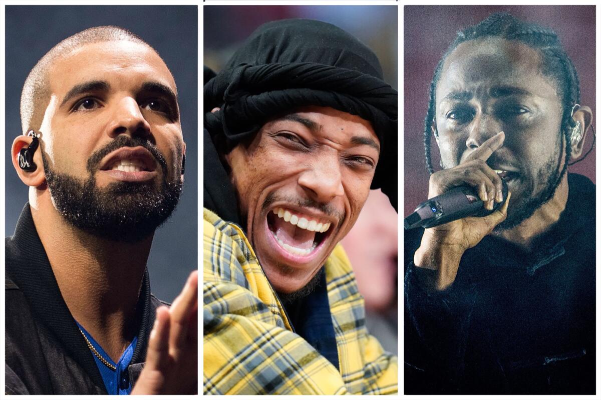 Drake is on the left, DeMar DeRozan in the middle and Kendrick Lamar on the right