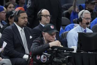 Broadcasters Mark Jackson, Jeff Van Gundy and Mike Breen, from left, during an NBA basketball game between the Golden State Warriors and the Milwaukee Bucks in San Francisco, Saturday, March 11, 2023. (AP Photo/Jeff Chiu)