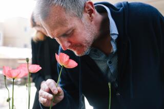 Los Angeles, CA - February 27: John Maurer smells a flower in the garden outside the board and care home in Hollywood where he has been released to following his time in a locked psychiatric facility on Tuesday, Feb. 27, 2024 in Los Angeles, CA. Prior to his time in the psychiatric facility, Maurer's mental illness landed him in jail but he is now starting a new life under his sister's close watch. (Dania Maxwell / Los Angeles Times)