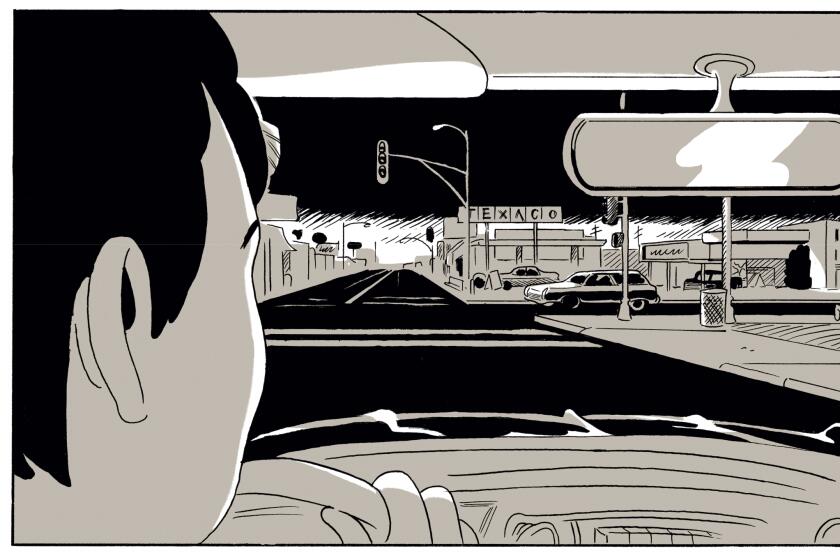 A black and white comics book panel shows a man at the wheel of a car observing an L.A. street at night