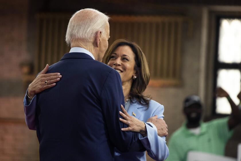President Joe Biden and Vice President Kamala Harris embrace during a campaign event at Girard College, Wednesday, May 29, 2024, in Philadelphia. (AP Photo/Joe Lamberti)