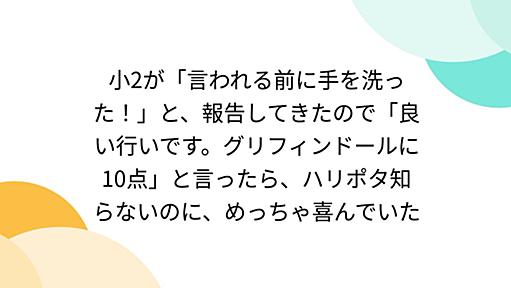 小2が「言われる前に手を洗った！」と、報告してきたので「良い行いです。グリフィンドールに10点」と言ったら、ハリポタ知らないのに、めっちゃ喜んでいた