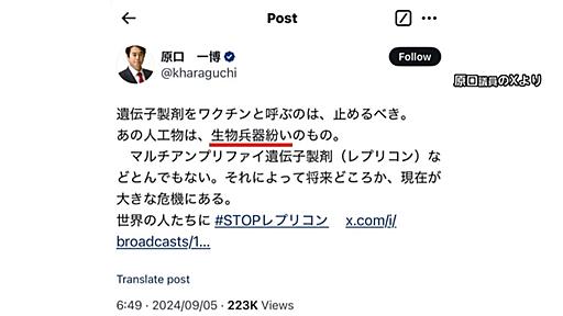 【独自】「生物兵器まがい」レプリコンワクチン巡る発言で立憲民主・原口一博議員を25日にも提訴へ　製薬会社が“科学的根拠のない中傷で名誉毀損”などと主張 - ライブドアニュース