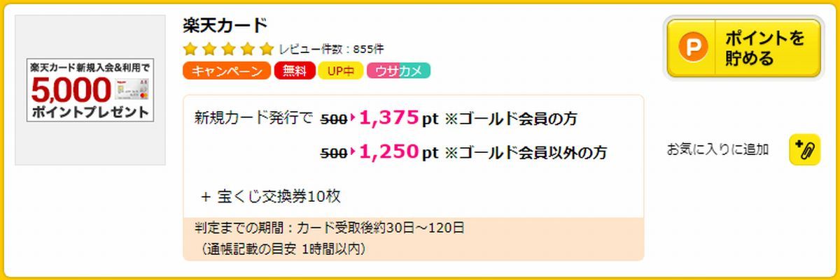 ハピタス経由の楽天カード発行なら新規カード発行で１，２５０円相当貰える！