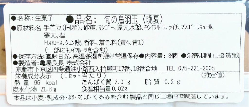 旬の烏羽玉のカロリー、原材料名