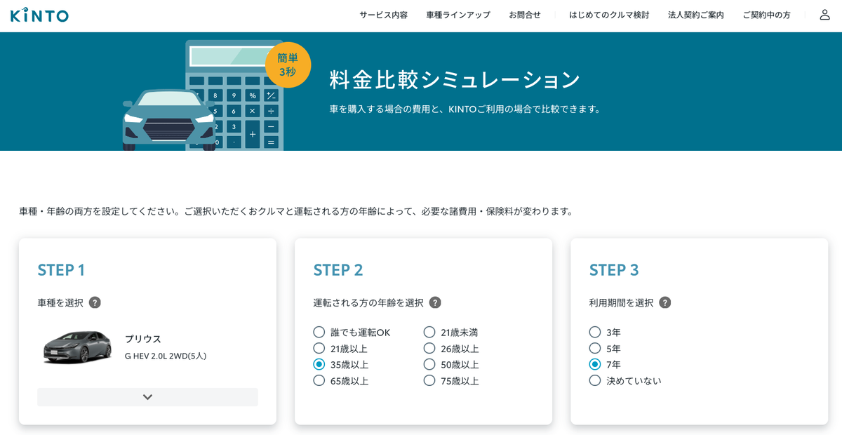 KINTOプリウス料金比較シミュレーション