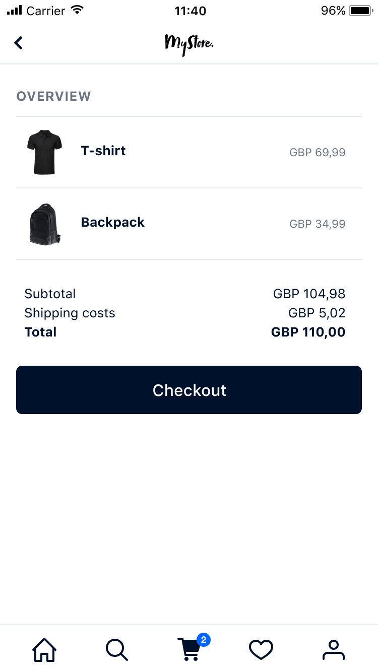 Mobile shopping cart screen with a t-shirt and backpack listed for checkout.