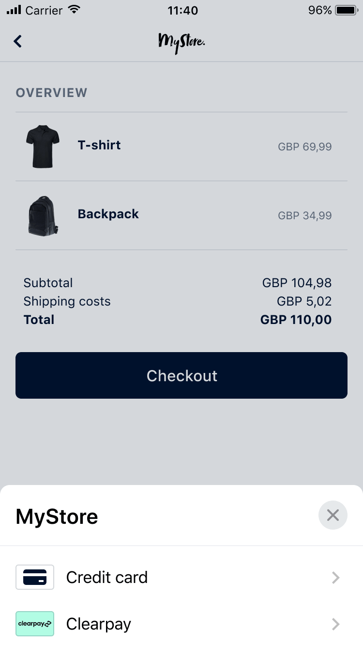 Mobile shopping cart screen showing a T-shirt and backpack with prices and a checkout button.