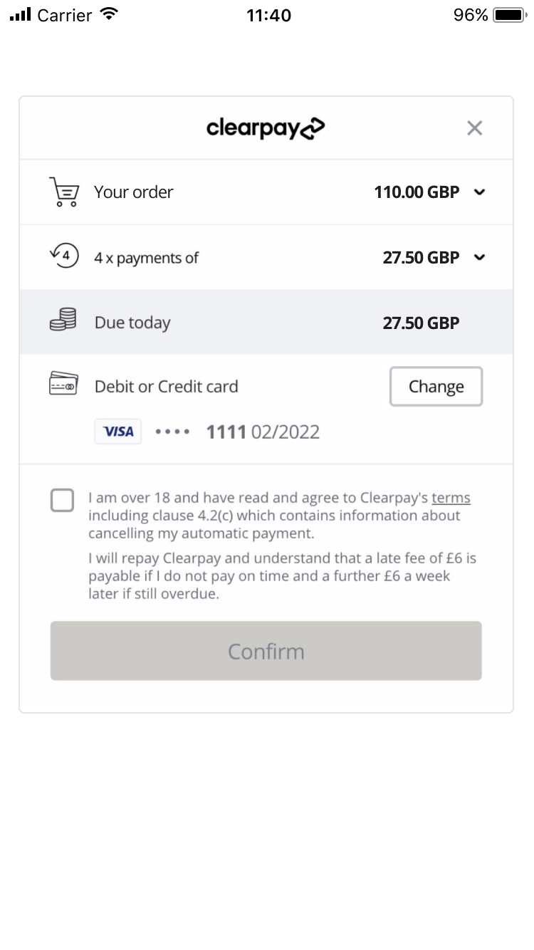 Clearpay payment screen with an order total, installment options, and terms agreement checkbox.