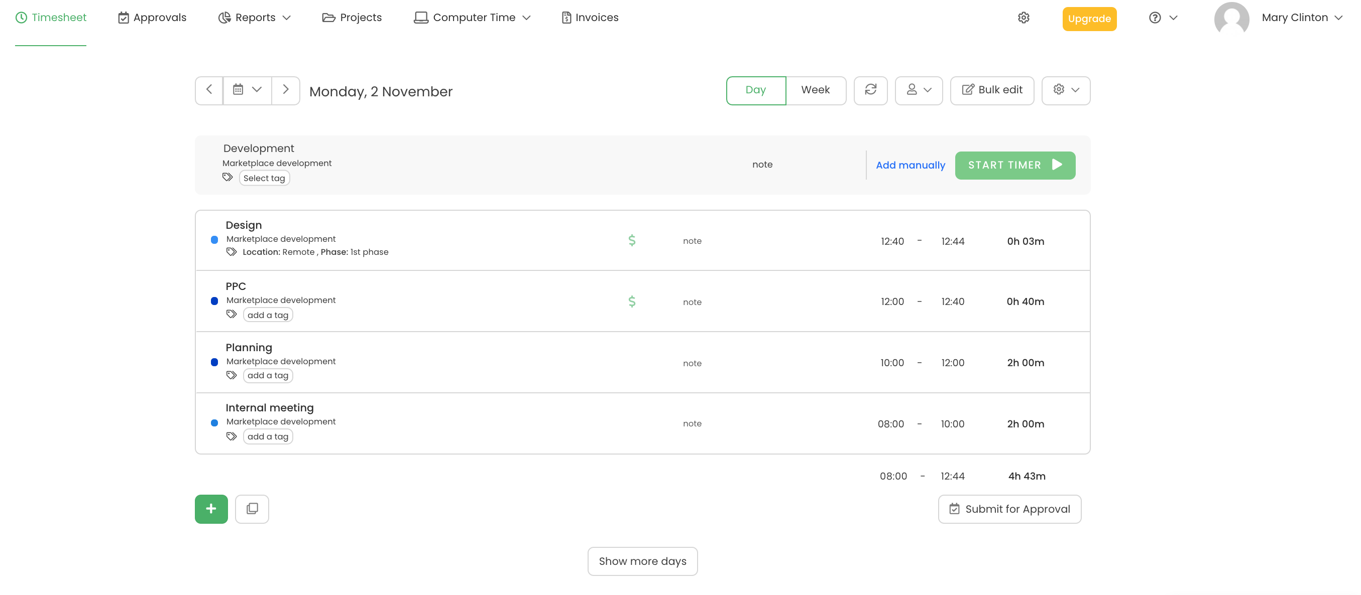 ClickUp dashboard with TimeCamp integration