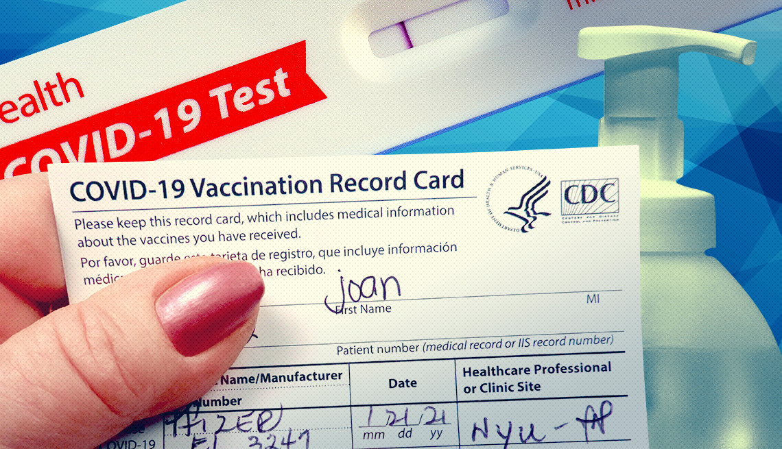 hand holding a COVID-19 vaccination card filled out, as well as an antibacterial gel dispenser, and a COVID test kit reader, all collaged together