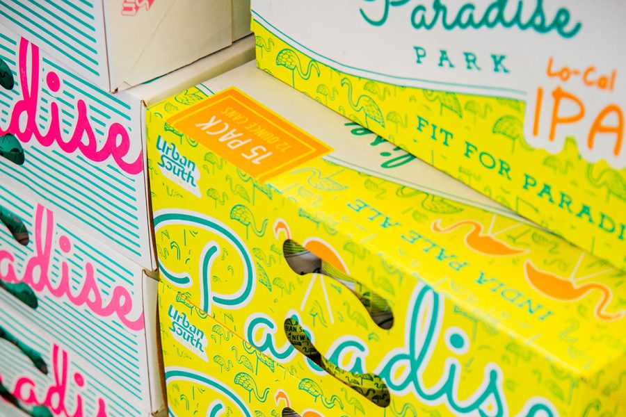close up of canned beers packaged in yellow 15-pack