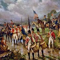 Burgoyne's surrender at Saratoga, by Percy Moran, circa 1911. Saratoga Campaign, American Revolution, Revolutionary War.