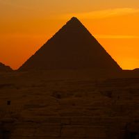 Sunset over the Great Pyramids of Giza, Egypt.