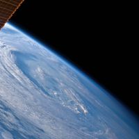 High-oblique view of the extra-tropical unnamed cyclone that merged with Hurricane Earl is featured in this image taken by an Expedition 24 crew member on the International Space Station (Sept. 2010).