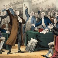 Patrick Henry delivering his great speech before the Virginia Assembly, March 23rd, 1775, lithograph by Currier & Ives, 1876.