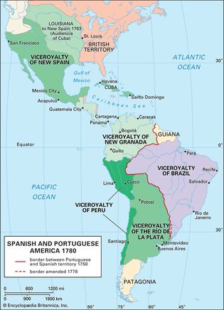 Spanish viceroyalties and Portuguese territories in the Americas, 1780