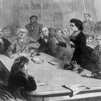 The Judiciary Committee of the U.S. House of Representatives receiving a deputation of female suffragists, January 11, 1871, a lady delegate (identified as Victoria Woodhull) reading her argument (cont'd)