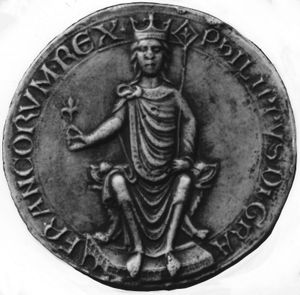 Philip II, seal of majesty, showing the king crowned and enthroned, from a document of 1180