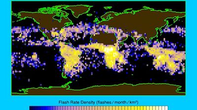 Observe the density of lightning flashes in a typical year with its highest rate in South America, Africa, and Australasia