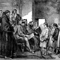 Engraving from 1894 showing King Alfred visiting the monastery school.