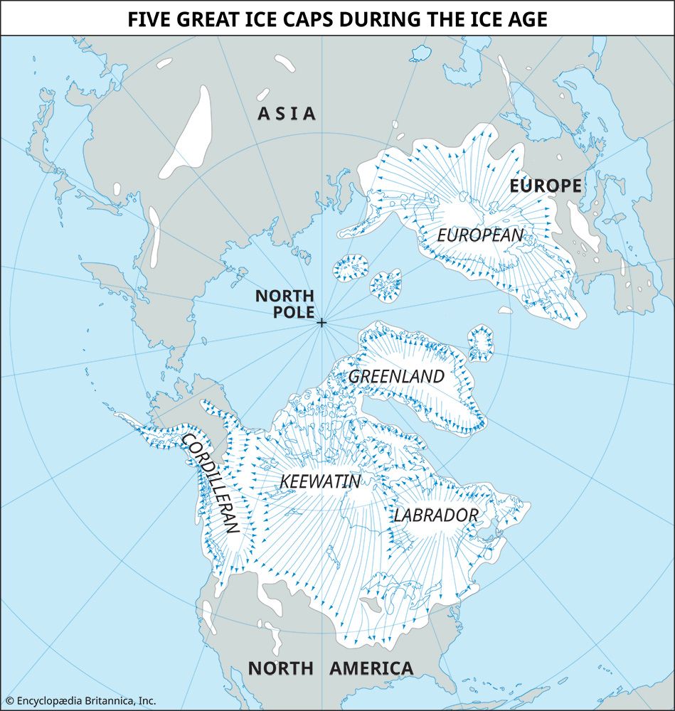 A polar map shows five great ice caps, or centres, from which the ice moved outward during the Ice Age and to which it later retreated.