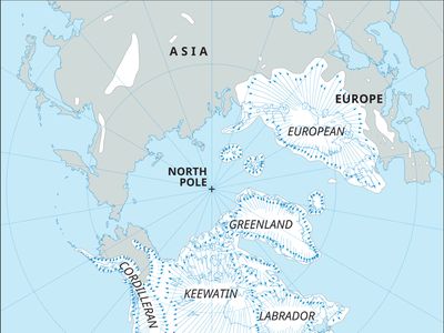 A polar map shows five great ice caps, or centres, from which the ice moved outward during the Ice Age and to which it later retreated.