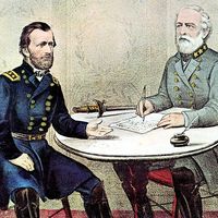 Surrender of General Robert E. Lee (right) at Appomattox Court House, Virginia, April 9, 1865, to end the American Civil War (Ulysses S. Grant on the left); hand-colored lithograph by Currier and Ives, c. 1865. Ulysses Grant, Robert E Lee.