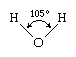 structure of the water molecule showing the two hydrogen atoms bound to the oxygen atom at an angle of 104.5 degrees.