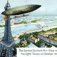 Alberto Santos-Dumont. Postcard of Brazilian aviator Alberto Santos-Dumont's (1873-1932) airship or dirigible and Eiffel Tower. The Santos Dumont Air-Ship rounding the Eiffel Tower; on Octoboer 19th 1901. airplane