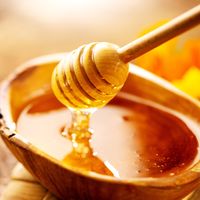 Honey dripping from honey dipper in wooden bowl